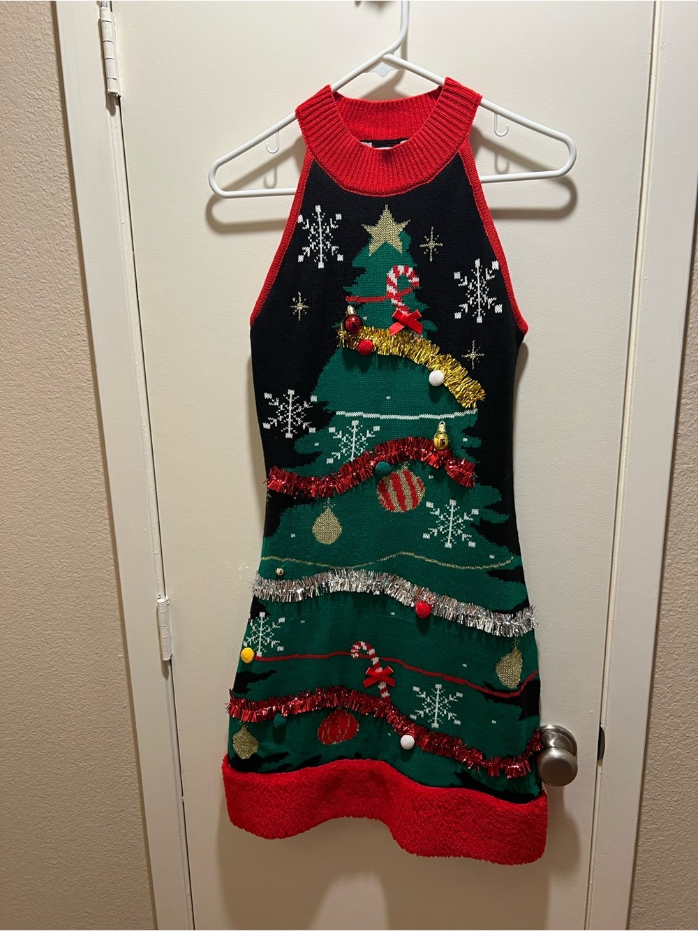 Girls' Red & Green Christmas Tree Sweater Dress